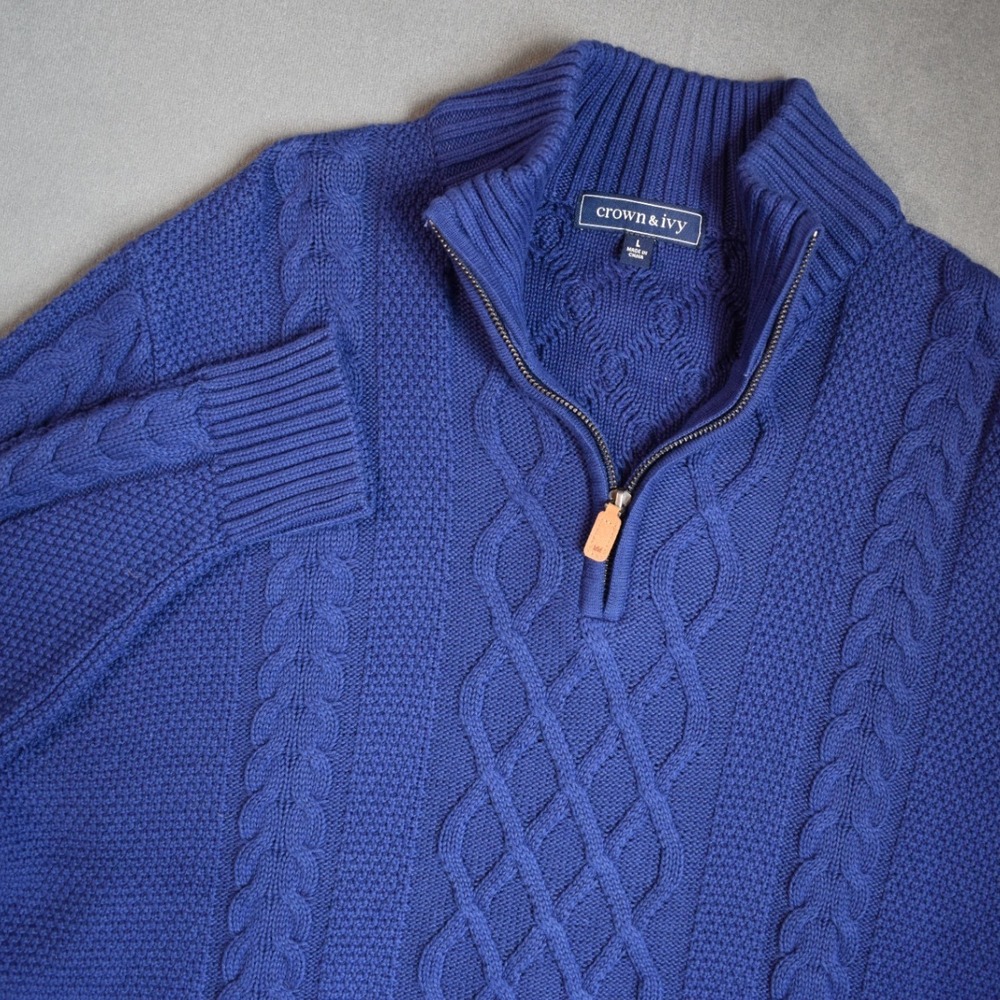 Crown & Ivy Mens Cable Knit Quarter Zip Blue Sweater Mens Large